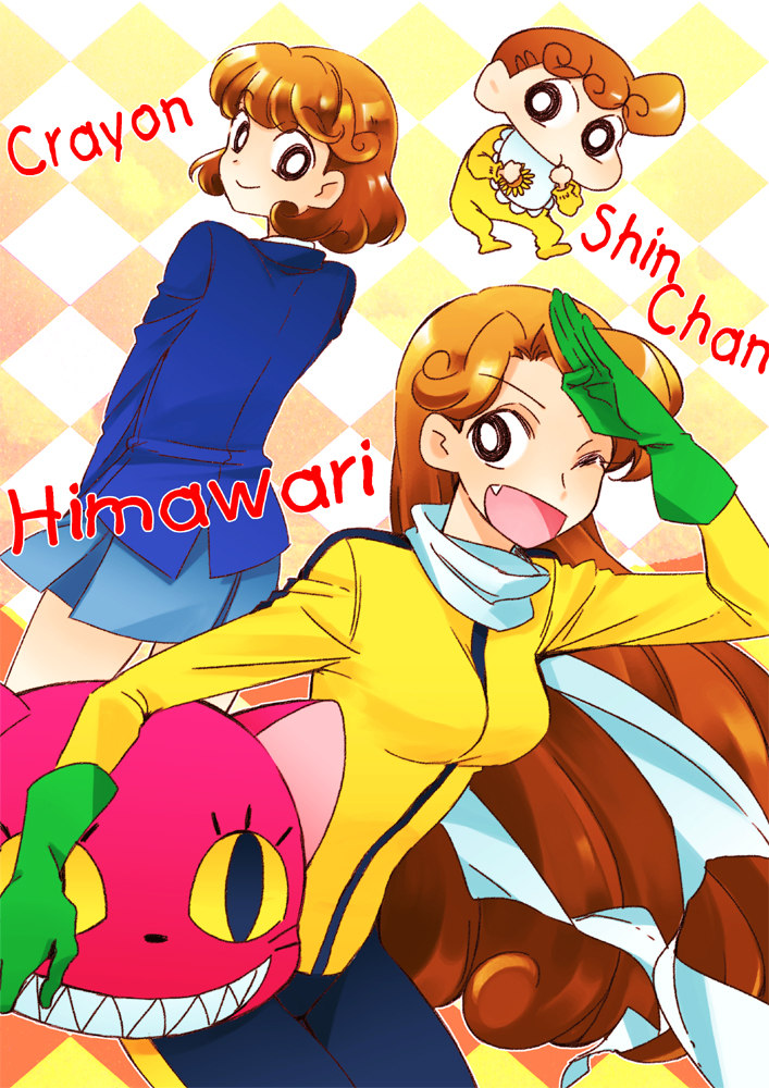 1girl :d baby black_eyes capri_pants checkered checkered_background crayon_shin-chan finger_sucking gloves gradient gradient_background green_gloves haneta jacket looking_at_viewer nohara_himawari open_mouth orange_hair pants saluting scarf school_uniform smile white_scarf