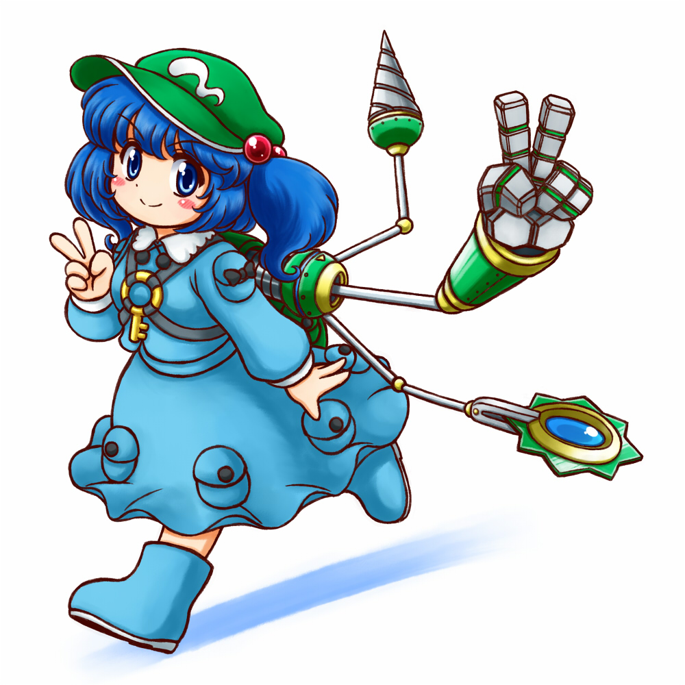 &gt;:) 1girl backpack bag blue_eyes blue_hair blue_shirt blue_skirt blush_stickers boots drill eyebrows eyebrows_visible_through_hair full_body green_hat hair_bobbles hair_ornament hat kawashiro_nitori key long_sleeves looking_at_viewer mechanical_arm nitamago pocket rubber_boots shirt short_hair simple_background skirt skirt_set smile solo touhou two_side_up v white_background