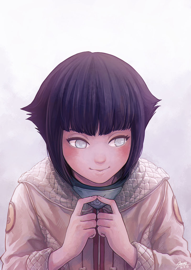 1girl black_hair dated fingers_together forehead_protector grey_eyes hyuuga_hinata jacket looking_to_the_side naruto shiori_lee_jeng signature smile solo