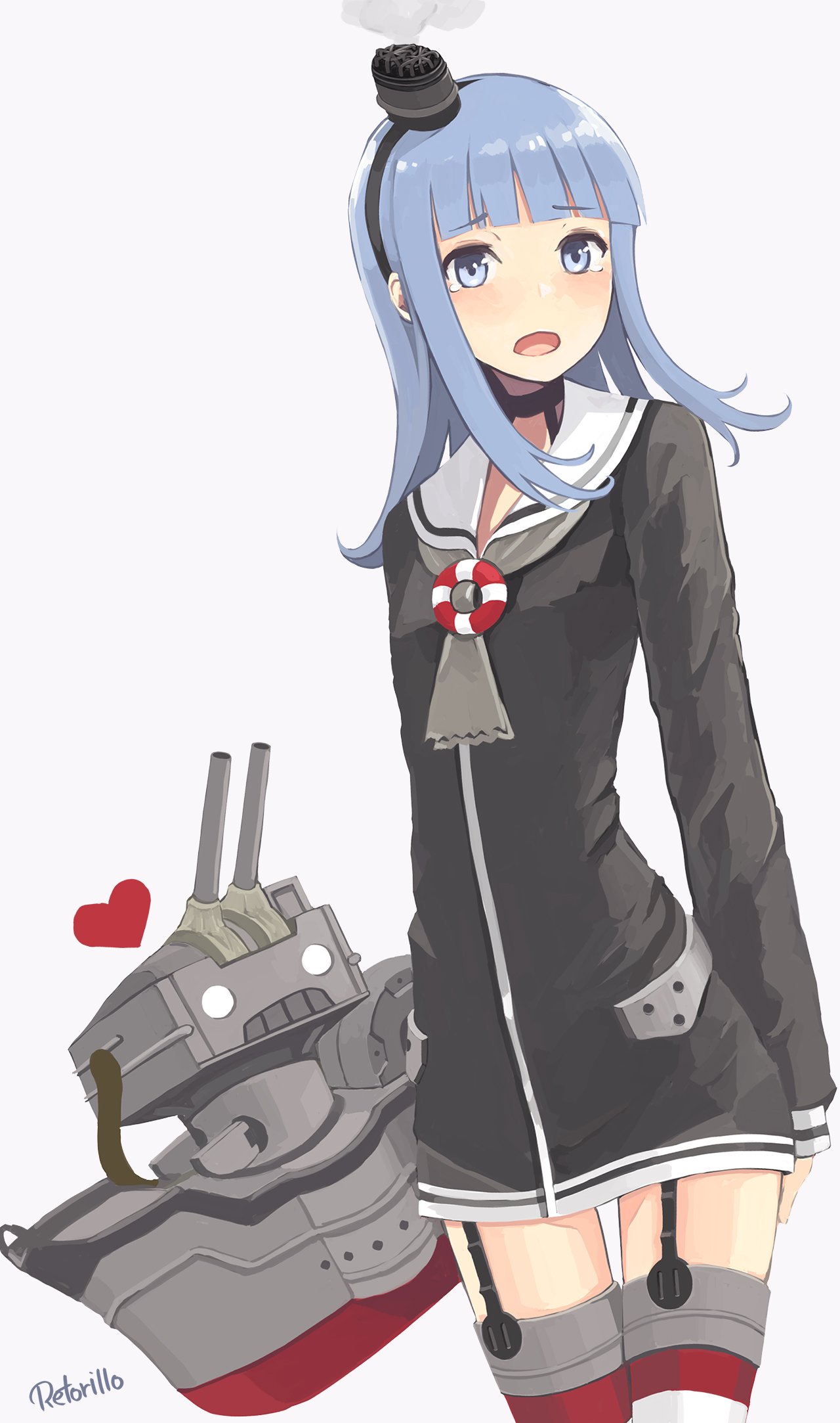 1girl amatsukaze_(kantai_collection) amatsukaze_(kantai_collection)_(cosplay) arms_behind_back artist_name blue_eyes blue_hair blush cannon commentary_request cowboy_shot crying crying_with_eyes_open dress garter_straps hatsukaze_(kantai_collection) heart highres kantai_collection lifebuoy long_hair long_sleeves open_mouth rensouhou-kun retorillo sailor_dress striped striped_legwear tears thigh-highs turret white_background zettai_ryouiki