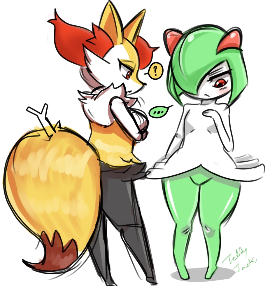 1girl blush braixen breast_envy breasts crossed_arms fox green_hair kirlia large_breasts no_humans no_pussy pokemon red_eyes skirt small_breasts stick teddy_jack thick_thighs thighs white_skin