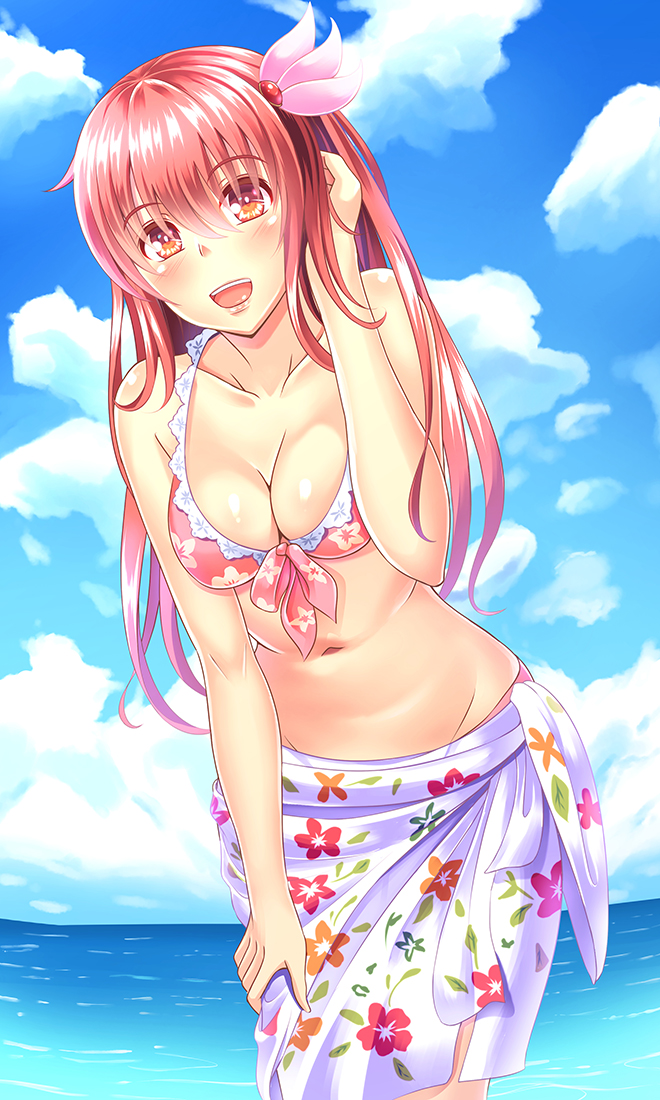 1girl bikini breasts brown_hair clouds collarbone cowboy_shot floral_print front-tie_bikini front-tie_top groin hair_flip hair_ornament kantai_collection kisaragi_(kantai_collection) leaning_forward long_hair looking_at_viewer medium_breasts navel ocean open_mouth sarong sky solo swimsuit takamichis211