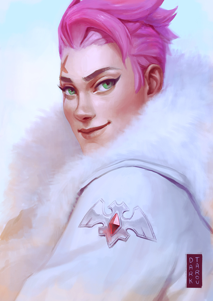 1girl artist_name closed_mouth coat dark-tarou eyeliner from_side fur-lined_jacket fur_coat fur_trim green_eyes lips looking_at_viewer makeup nose overwatch parka pink_hair scar scar_across_eye short_hair smile solo white_coat winter_clothes winter_coat zarya_(overwatch)