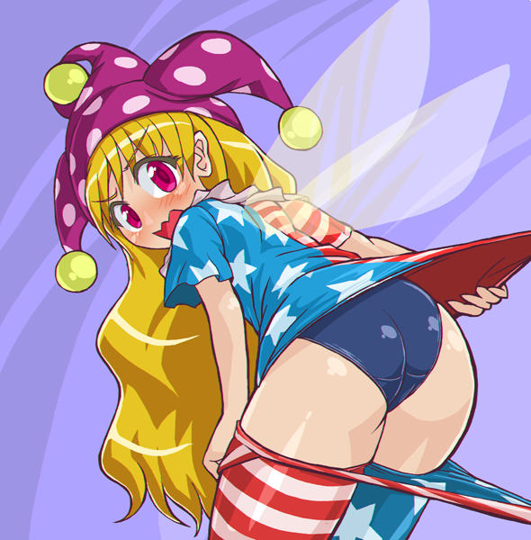 1girl american_flag_dress american_flag_legwear ass bangs bent_over blonde_hair blue_background blush clownpiece cowboy_shot dress dress_pull embarrassed eyebrows eyebrows_visible_through_hair fairy_wings hat jester_cap long_hair looking_at_viewer neck_ruff open_mouth pantyhose pantyhose_pull pink_eyes polka_dot school_swimsuit shiny shiny_clothes shiny_hair shiny_skin short_dress short_sleeves simple_background solo star star_print striped swimsuit touhou very_long_hair wavy_mouth wings winn