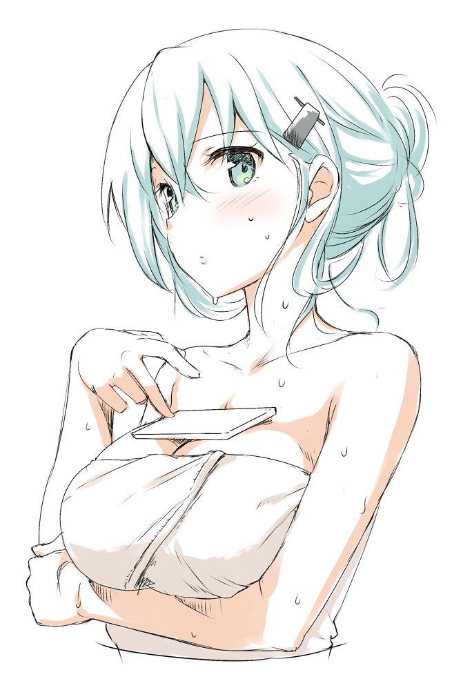 1girl alternate_hairstyle aqua_eyes arm_support breasts cleavage collarbone eyebrows eyebrows_visible_through_hair green_hair hair_between_eyes hair_ornament hairclip kantai_collection large_breasts looking_at_viewer messy_hair object_on_breast simple_background solo suzuya_(kantai_collection) takayaki tied_hair towel wet white_background