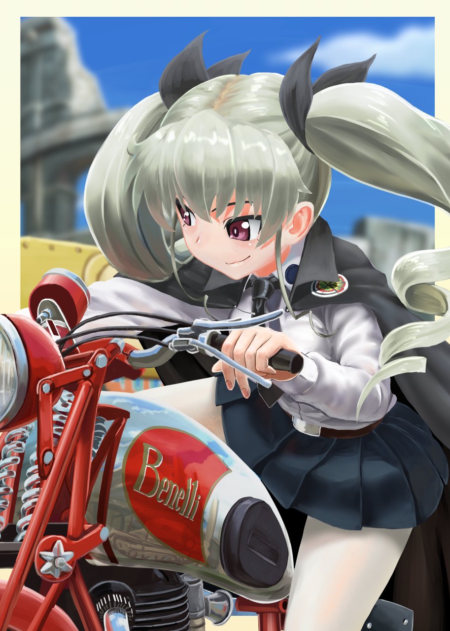 1girl abazu-red anchovy anzio_(emblem) belt black_skirt cape colosseum dress_shirt drill_hair emblem girls_und_panzer green_hair ground_vehicle hair_ribbon highres long_hair long_sleeves looking_back miniskirt motor_vehicle motorcycle necktie pantyhose pleated_skirt red_eyes ribbon riding rome school_uniform shirt skirt solo twin_drills twintails vehicle_request white_legwear white_shirt