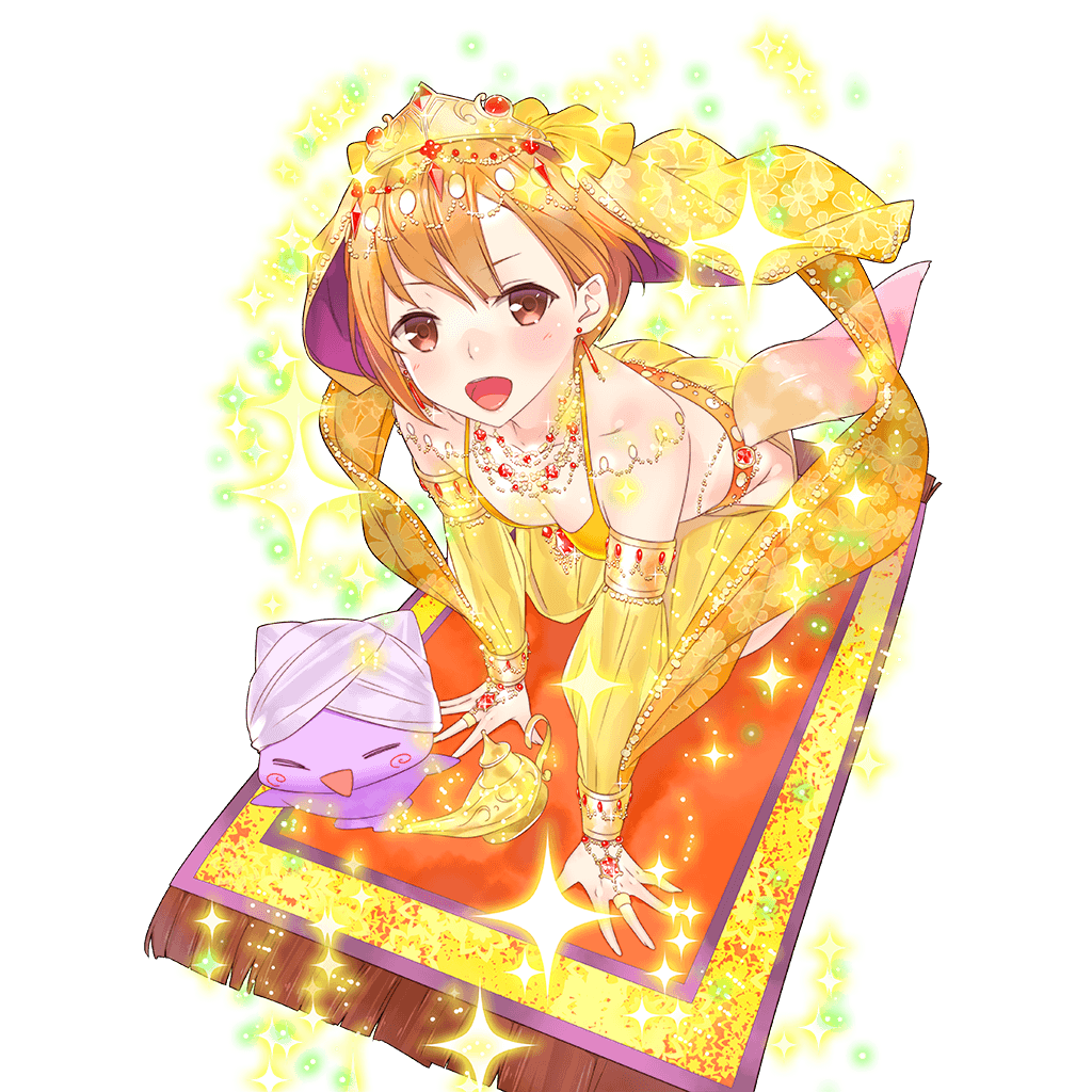 1girl all_fours artist_request cat detached_sleeves earrings genie jewelry lamp looking_at_viewer magic_carpet necklace official_art open_mouth orange_hair red_eyes solo sparkle uchi_no_hime-sama_ga_ichiban_kawaii