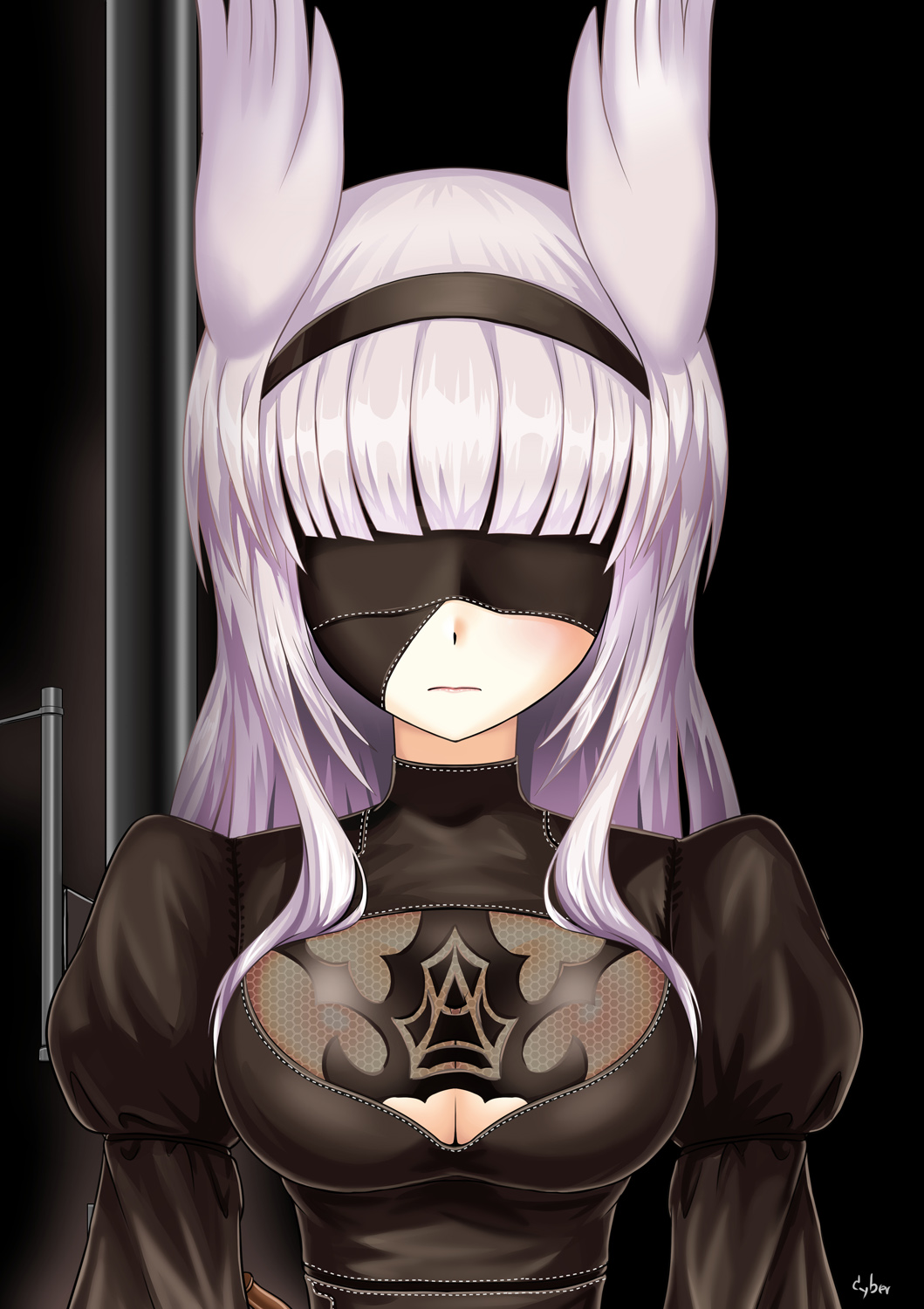 1girl animal_ears bangs black_dress blindfold blunt_bangs breasts cleavage cleavage_cutout cosplay cyber_(cyber_knight) dress hairband heidimarie_w_schnaufer hexagon highres lavender_hair long_hair long_sleeves nier_(series) nier_automata puffy_long_sleeves puffy_sleeves see-through solo strike_witches world_witches_series yorha_unit_no._2_type_b yorha_unit_no._2_type_b_(cosplay)