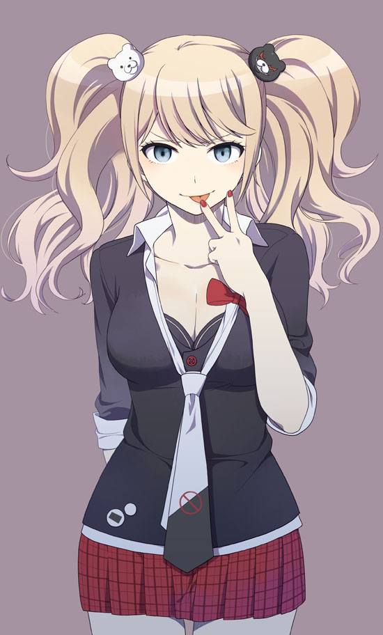 1girl :p blonde_hair blue_eyes breasts dangan_ronpa dangan_ronpa_1 enoshima_junko long_hair mattaku_mousuke medium_breasts necktie plaid plaid_skirt purple_background simple_background skirt solo spoilers thighs tongue tongue_out twintails