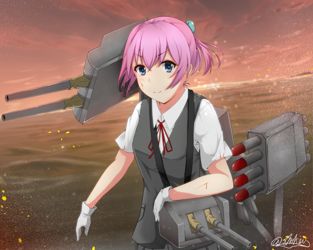 1girl bleeding blood blood_on_arm blood_on_face blouse blue_eyes closed_mouth collarbone cuts eyebrows eyebrows_visible_through_hair gloves grey_skirt grey_vest hair_ornament horizon injury kantai_collection looking_at_viewer machinery neck_ribbon ocean outdoors pink_hair pleated_skirt pocket ponytail red_ribbon ribbon shiranui_(kantai_collection) shohei_(piranha5hk) short_sleeves signature skirt smile solo sunset torn_clothes torn_sleeves turret twitter_username white_blouse white_gloves