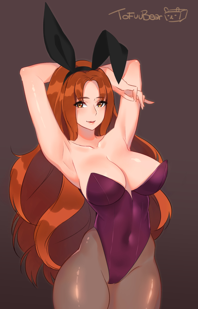 1girl animal_ears armpits arms_up artist_name breasts brown_background cleavage covered_navel gradient gradient_background large_breasts league_of_legends leona_(league_of_legends) light_smile long_hair looking_at_viewer pantyhose parted_lips rabbit_ears red_eyes redhead signature solo thighs tofuubear very_long_hair