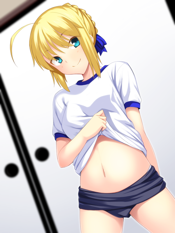 1girl ahoge arm_behind_back blonde_hair blue_eyes blush dutch_angle fate/stay_night fate_(series) midriff navel panties panty_peek saber shirt_lift skylader smile solo underwear