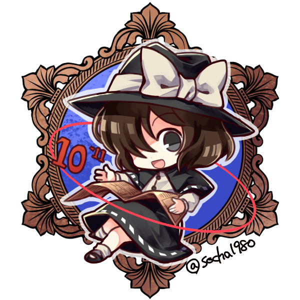 1girl black_hat black_shoes black_skirt bow brown_hair capelet chibi fedora full_body grey_eyes hair_over_one_eye hat hat_bow long_sleeves newspaper number one_eye_covered open_mouth ribbon-trimmed_skirt shirt shoes short_hair skirt smile socha socks solo touhou twitter_username usami_renko white_bow white_legwear white_shirt