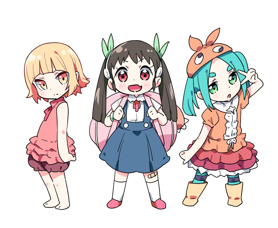 &gt;:d 3girls :d aqua_hair backpack bag bandaid bandaid_on_knee barefoot black_hair blonde_hair bloomers blush chibi closed_mouth dress eyebrows fang frown full_body green_eyes green_ribbon hachikuji_mayoi hair_ribbon hat head_tilt kneehighs long_hair looking_at_viewer monogatari_(series) multiple_girls ononoki_yotsugi open_mouth orange_shirt oshino_shinobu red_dress red_eyes red_shoes ribbon shirt shoes short_hair short_sleeves simple_background sleeveless sleeveless_dress smile striped striped_legwear tonmoh twintails underwear v white_background white_legwear white_shirt yellow_eyes