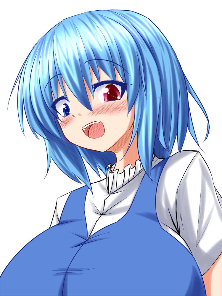 1girl :d blue_eyes blue_hair blush breast_awe breasts commentary heterochromia huge_breasts looking_at_breasts looking_down open_mouth parmiria red_eyes short_hair smile solo tatara_kogasa teeth touhou upper_body