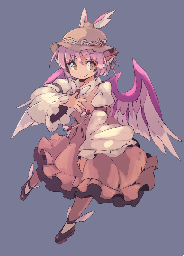 1girl animal_ears arm_garter black_shoes blue_background brown_dress brown_eyes brown_hat brown_legwear collared_shirt dress eyebrows eyebrows_visible_through_hair feathered_wings frilled_dress frills full_body hair_between_eyes hand_on_own_chest hat hat_wings ini_(inunabe00) jewelry juliet_sleeves long_sleeves looking_at_viewer mystia_lorelei pink_hair puffy_sleeves shirt shoes short_hair single_earring smile solo touhou wide_sleeves winged_shoes wings