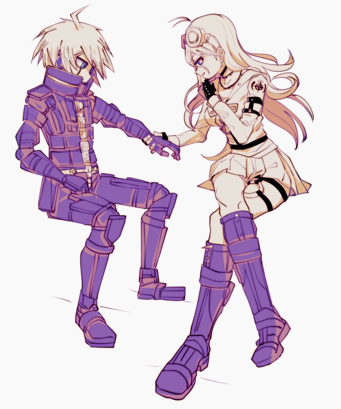 1boy 1girl ahoge android black_gloves boots chin_stroking crossed_legs dangan_ronpa fingerless_gloves gloves goggles goggles_on_head holster invisible_chair iruma_miu keebo limited_palette long_hair looking_down new_dangan_ronpa_v3 pleated_skirt school_uniform serafuku shinshishinc short_hair sitting skirt thigh_holster