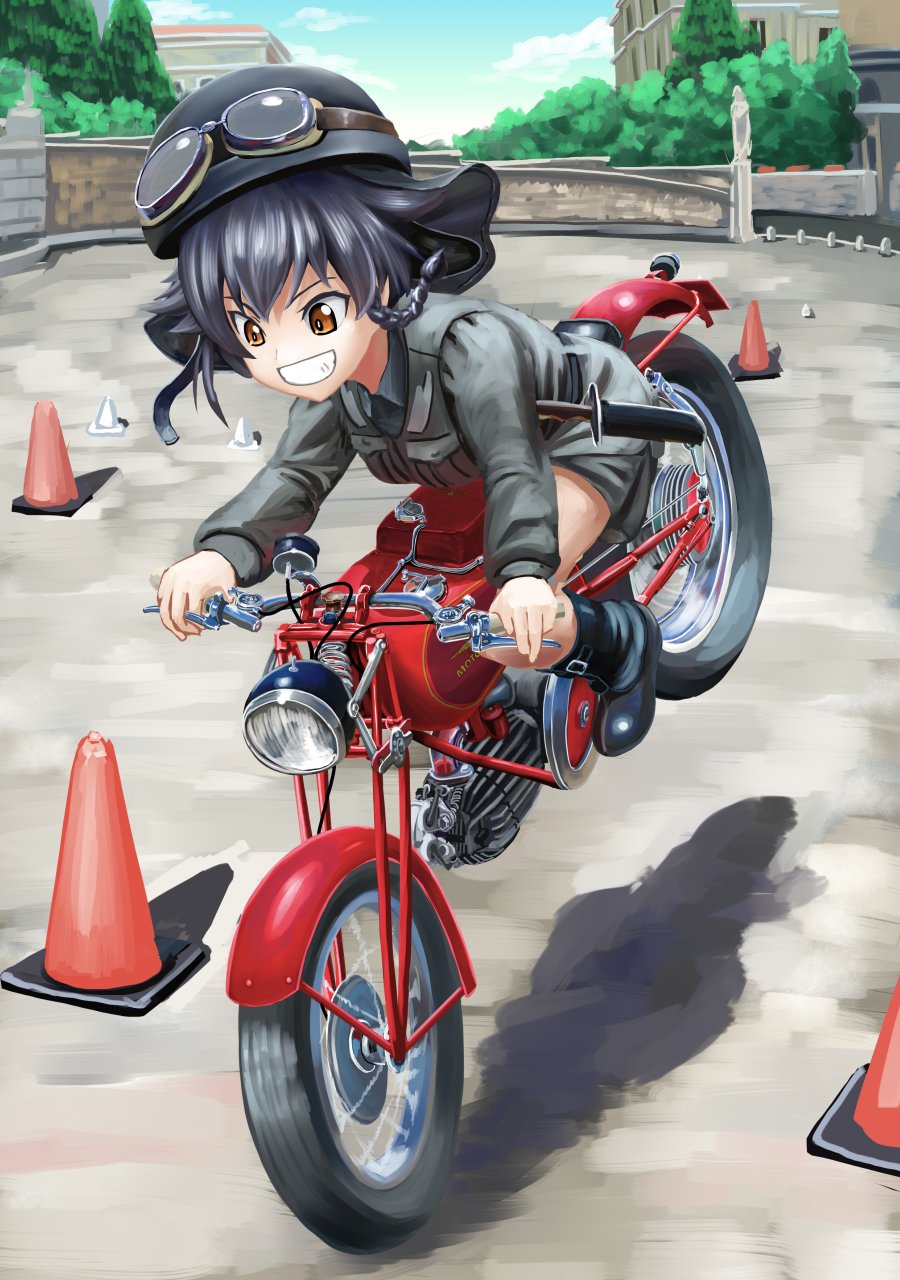 1girl abazu-red black_boots black_hair black_shirt boots braid brown_eyes full_body girls_und_panzer goggles goggles_on_headwear grey_jacket grey_skirt grin ground_vehicle helmet highres knife long_sleeves looking_at_viewer military military_uniform miniskirt motoguzzi_condor motor_vehicle motorcycle pencil_skirt pepperoni_(girls_und_panzer) riding shirt short_hair side_braid skirt smile solo traffic_cone uniform wheelie