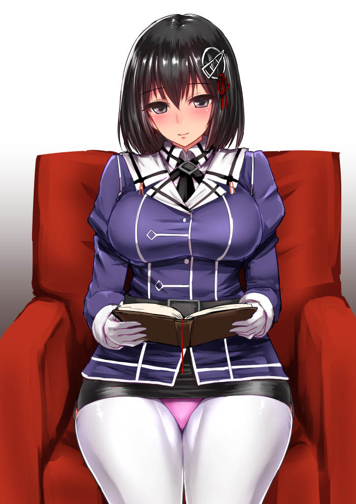 1girl armchair bangs belt black_hair black_ribbon black_skirt blush book breasts brown_eyes chair closed_mouth eyebrows eyebrows_visible_through_hair gloves gradient gradient_background haguro_(kantai_collection) hair_between_eyes hair_ornament holding holding_book ishimiso_(ishimura) kantai_collection large_breasts long_sleeves looking_at_viewer miniskirt neck_ribbon open_book panties panties_over_pantyhose pantyhose pantyshot pencil_skirt pink_panties reading remodel_(kantai_collection) ribbon short_hair sitting skirt solo underwear white_background white_gloves