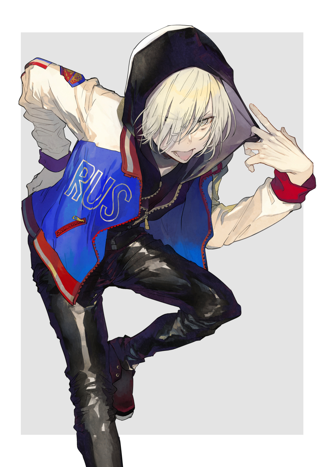 1boy blonde_hair hair_over_one_eye hand_on_hip highres hood hoodie jacket leaning_forward male_focus nozaki_tsubata pale_skin pants shoes solo tongue tongue_out unzipped yuri!!!_on_ice yuri_plisetsky zipper