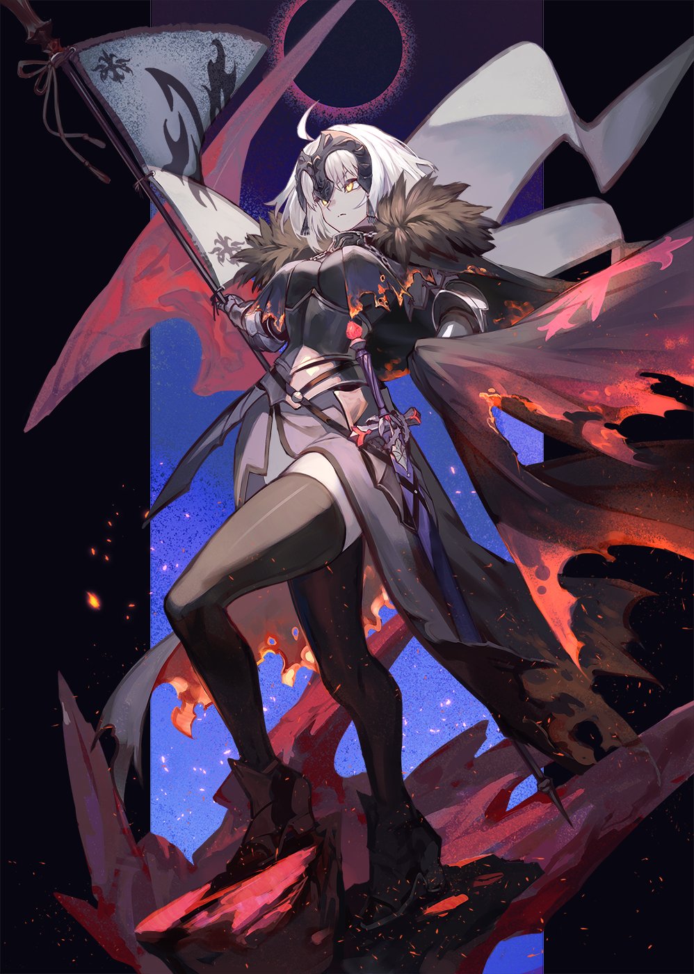 1girl ahoge armor armored_boots armored_dress boots cloak fate/grand_order fate_(series) flag full_body fur_collar gauntlets headpiece highres holding holding_flag jeanne_d'arc_(alter)_(fate) jeanne_d'arc_(fate) lack sheath sheathed short_hair silver_hair solo standing sword thigh-highs weapon yellow_eyes