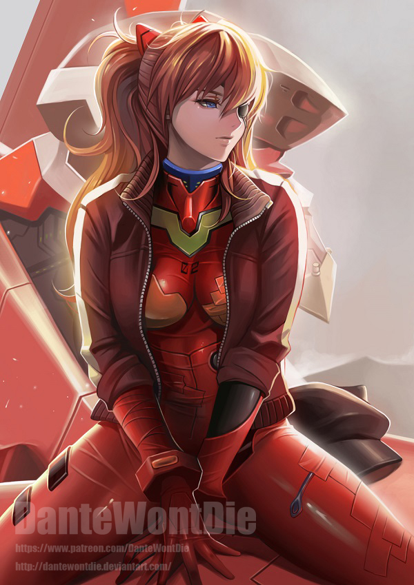 1girl artist_name between_legs blue_eyes bodysuit breasts closed_mouth clothes_writing dantewontdie expressionless eyepatch hair_between_eyes hair_ornament hand_between_legs jacket legs_apart light long_hair long_sleeves looking_to_the_side mecha medium_breasts neon_genesis_evangelion number open_clothes open_jacket plugsuit red_jacket sitting skin_tight sleeves_folded_up sleeves_pushed_up solo souryuu_asuka_langley track_jacket tsurime twintails unzipped watermark web_address