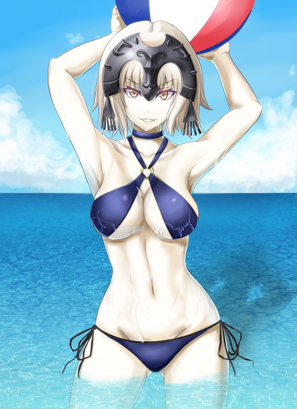 1girl armpits arms_up ass_visible_through_thighs ball beachball bikini blonde_hair blue_sky breasts cleavage clouds fate/grand_order fate_(series) groin headpiece highres jeanne_alter navel ocean ruler_(fate/apocrypha) side-tie_bikini sky smile solo suiete swimsuit wading wet yellow_eyes
