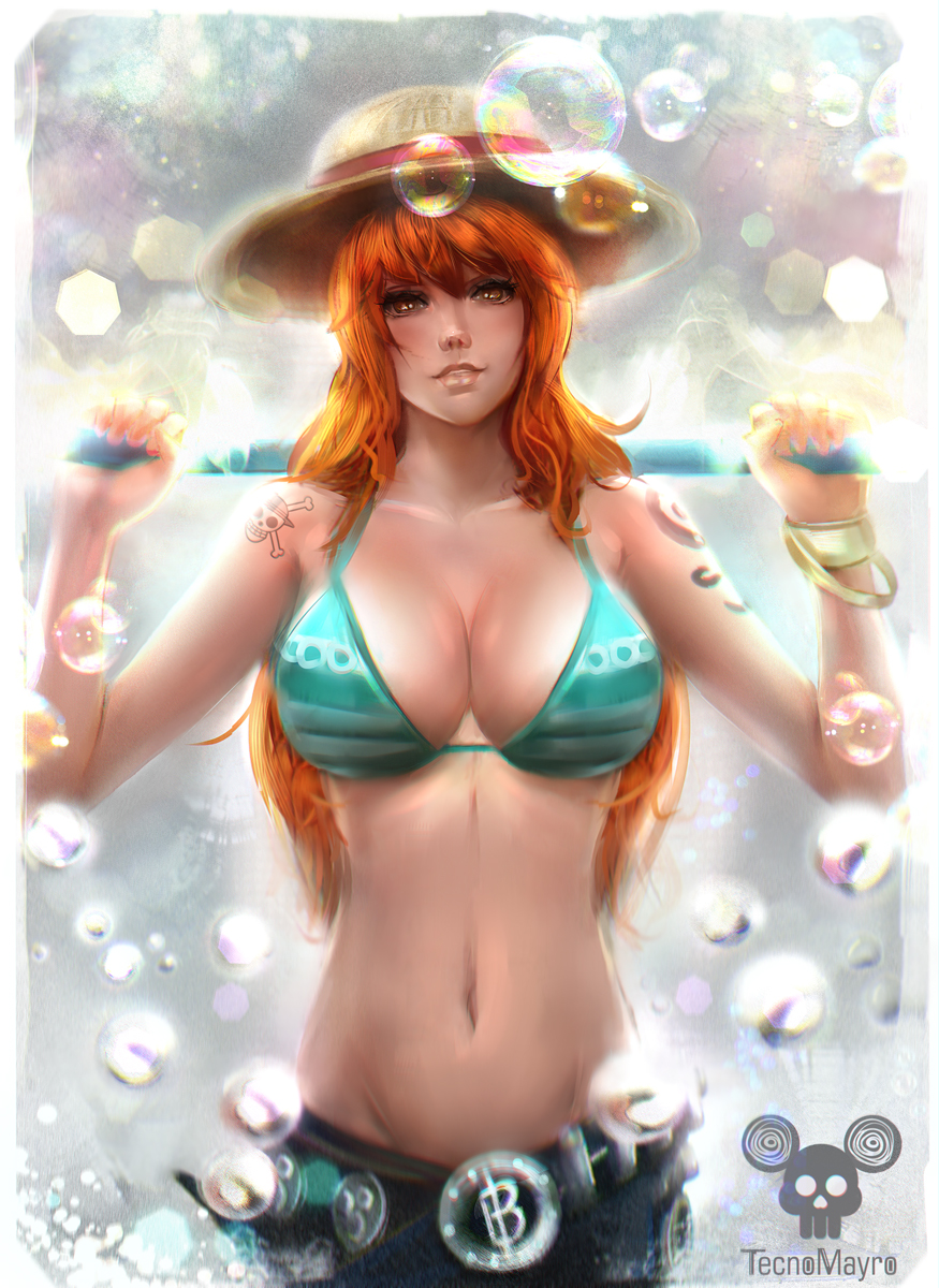 1girl artist_name bangle bangs bare_shoulders bikini bikini_top bracelet breasts collarbone cowboy_shot denim eyelashes green_bikini groin hands_up hat hat_ribbon highres jeans jewelry large_breasts long_hair looking_at_viewer nami_(one_piece) navel nose one_piece orange_eyes orange_hair over_shoulder pants parted_lips pink_lips red_ribbon ribbon skull_and_crossbones smile solo staff stomach straw_hat swimsuit tattoo tecnomayro water_drop weapon weapon_over_shoulder