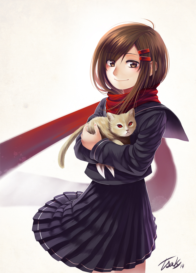 blush brown_eyes brown_hair cat kagerou_project long_hair scarf seifuku smile tateyama_ayano