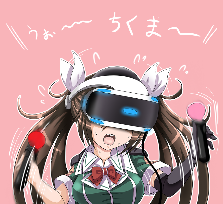 1girl black_gloves bouncing_breasts bow bowtie breasts brown_hair confused dual_wielding elbow_gloves flying_sweatdrops game_console gloves glowing hair_ribbon holding kantai_collection long_hair motion_blur motion_lines playstation playstation_vr red_background red_bow red_bowtie ribbon short_sleeves simple_background single_glove solo sweat sweating_profusely tk8d32 tone_(kantai_collection) translation_request twintails upper_body virtual_reality vr_visor wavy_mouth white_ribbon