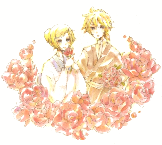 flower ichiko_(hanakasu) japanese_clothes kagamine_len kagamine_rin rose siblings sigre_(vocaloid) twins vocaloid