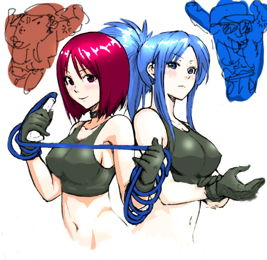 back_to_back blue_eyes blue_hair blush chobisuke choker clark_still gloves gyotaku king_of_fighters leona_heidern ponytail ralf_jones red_eyes red_hair redhead short_hair smile tank_top whip whip_(kof)