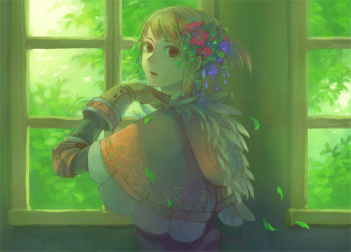 flower gauntlets green hair_flower hair_ornament hiko hiko_(scape) leaf leaves lowres red_eyes short_hair tree window