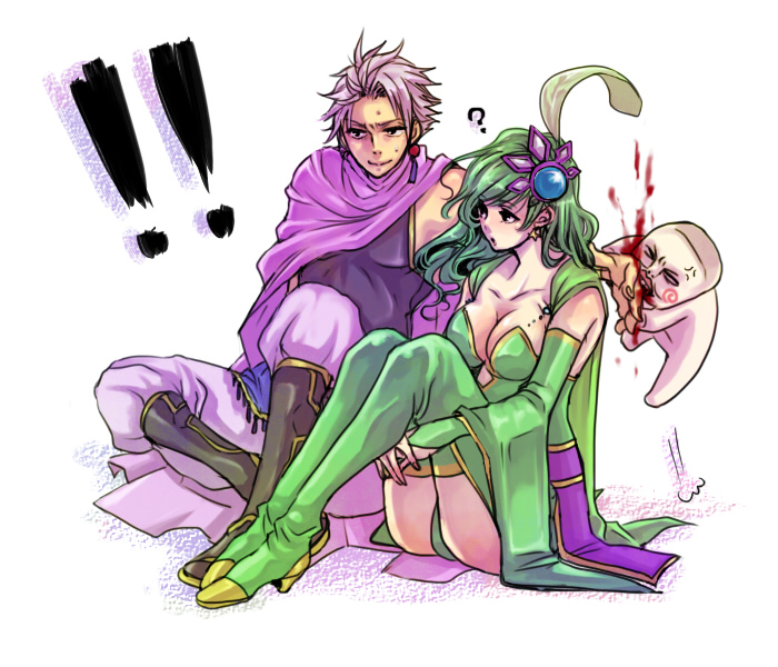 9wa ? adult bad_id bite biting blood boots breasts cape cleavage detached_sleeves earrings edward_geraldine final_fantasy final_fantasy_iv gloves green_hair hair_ornament high_heels jewelry long_hair ninja rydia shoes short_hair silver_hair sitting summoner thigh-highs thigh_boots thighhighs whyt