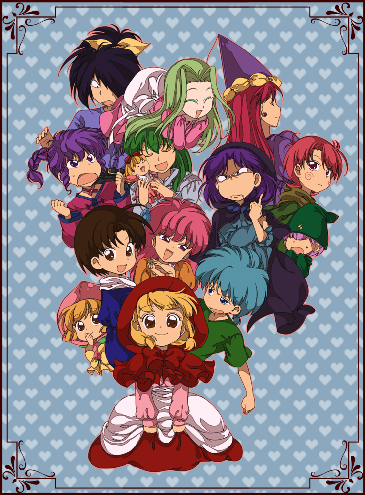 blonde_hair blue_hair brown_eyes cape chacha doll dorothy_(akazukin_chacha) elizabeth_(akazukin_chacha) green_hair hood kinako_(moment) long_hair marin_(akazukin_chacha) maya_(akazukin_chacha) middle_finger moment1127 orin_(akazukin_chacha) pink_hair purple_hair rascal_(akazukin_chacha) red_hair redhead riiya scowl seravi shiine yakko