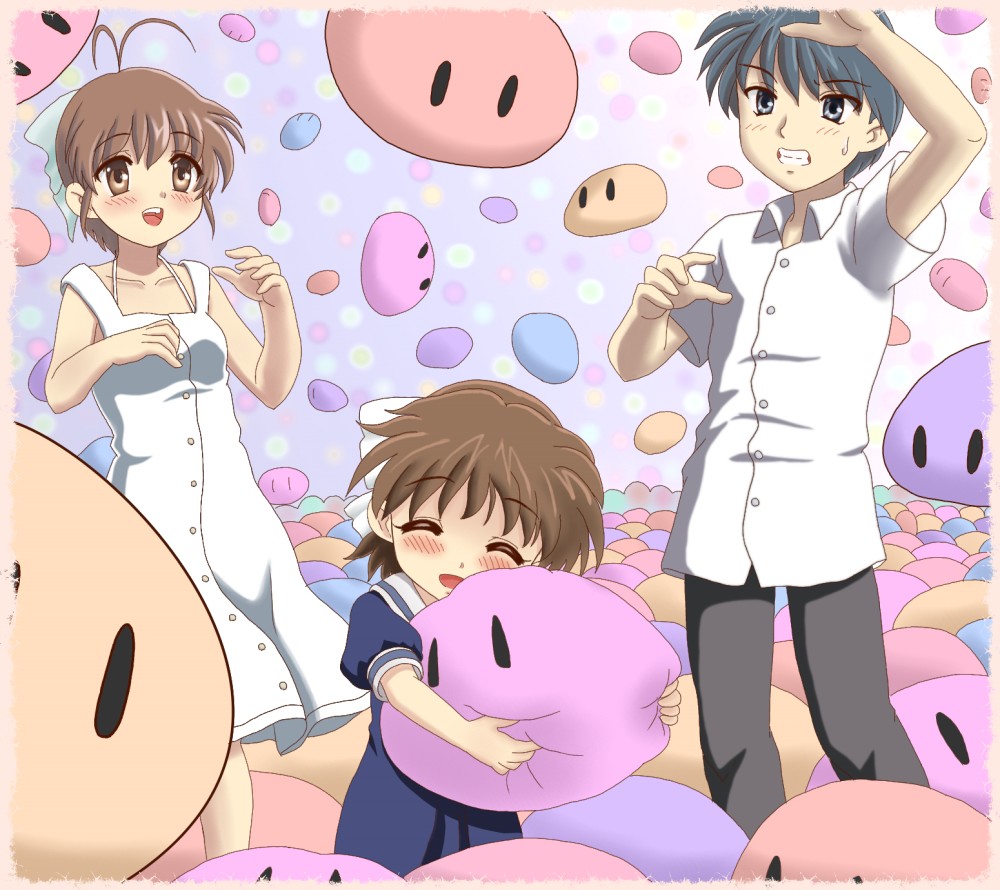 blue_hair brown_eyes brown_hair child chunpai clannad dango_daikazoku family furukawa_nagisa hair_ribbon hug husband_and_wife okazaki_tomoya okazaki_ushio ponytail ribbon school_uniform short_hair teeth