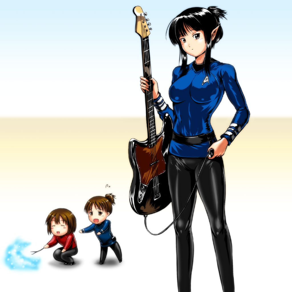 akiyama_mio chibi cosplay guitar hirasawa_ui hirasawa_yui instrument k-on! multiple_girls pointy_ears s_zenith_lee spock spock_(cosplay) star_trek stick uniform