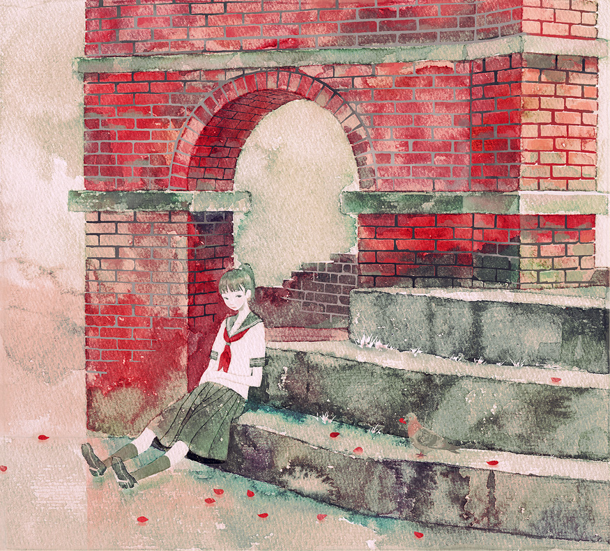 bird black_hair brick kumaori_jun original petals pigeon ponytail red_brick school_uniform serafuku socks stairs