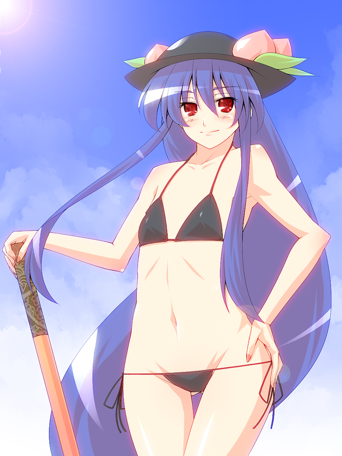 flat_chest hat hinanawi_tenshi swimsuit sword sword_of_hisou thigh_gap touhou tro weapon wide_hips