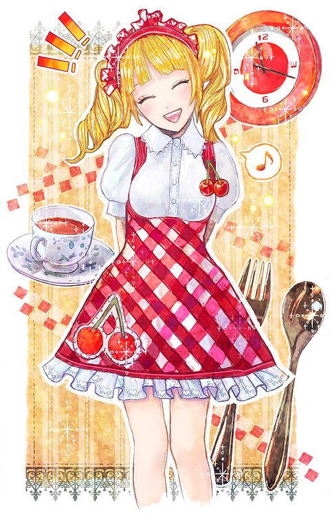 ^_^ cherry clock closed_eyes food food_as_clothes food_themed_clothes fork frame fruit head_tilt musical_note open_mouth skirt smile sparkle spoon tea twintails waitress yamaji_maya