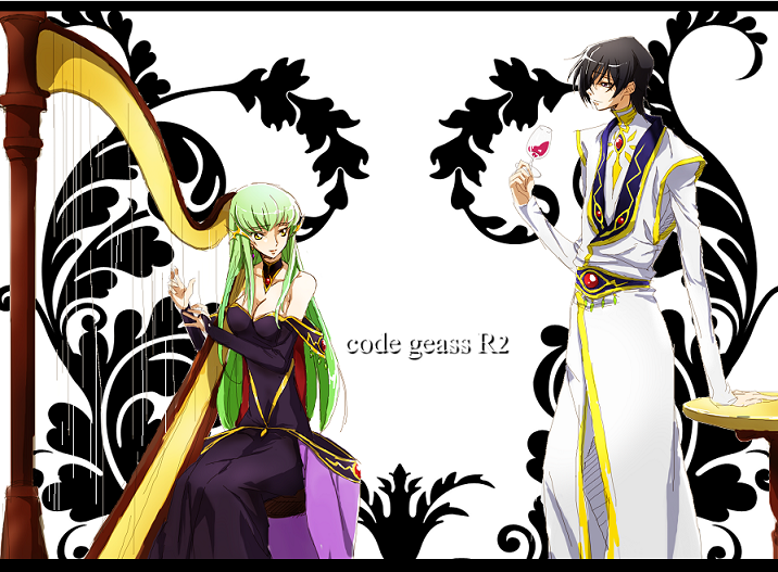 1girl breasts c.c. cc cleavage code_geass couple dress drinking green_hair harp instrument lelouch_lamperouge long_hair rahit wine