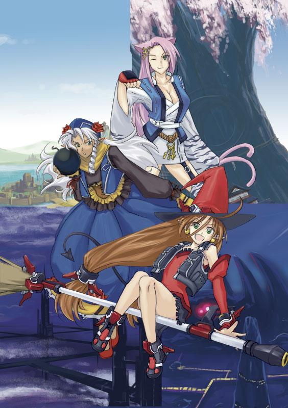 asou_naruto bandage breasts broom broom_riding brown_hair cat_ears cleavage detached_sleeves dorothy_mistral dress drill_hair endless_frontier fingerless_gloves garter_belt gloves green_eyes hat koma_(srw) kyon_feulion long_hair pink_hair pointy_ears silver_hair skirt skyraft super_robot_wars super_robot_wars_og_saga_mugen_no_frontier vest wink witch_hat