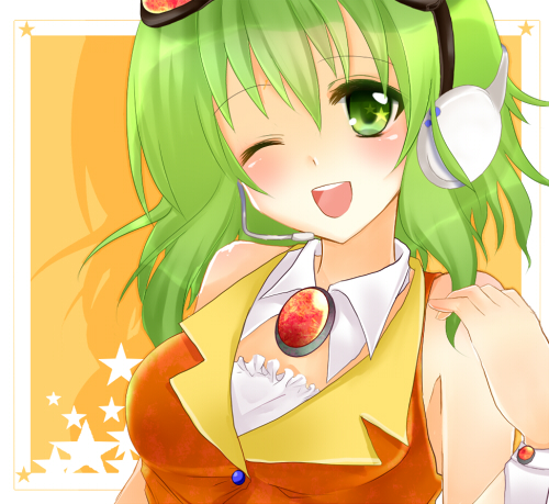 blush goggles green_eyes green_hair gumi headset solo vocaloid wink