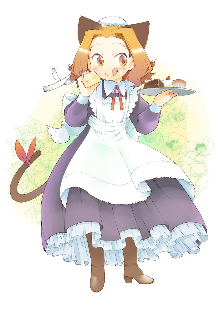 :q apron boots brown_eyes brown_hair cake cat_ears cat_tail cupcake dangan food hat maid ninini original pastry ribbon short_hair tail tongue tray