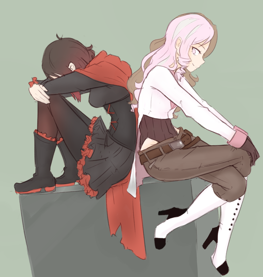 2girls boots brown_hair cape crossed_legs drill_hair gloves gothic_lolita groin head_on_knees high_heel_boots high_heels knee_boots lolita_fashion multiple_girls neo_(rwby) pants pink_eyes pink_hair ruby_rose rwby short_hair sketch smile tight tight_pants