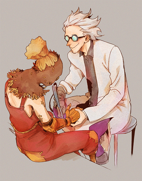 1boy bare_shoulders bespectacled black-framed_eyewear blonde_hair chair closed_mouth facial_hair glasses junkrat_(overwatch) labcoat long_sleeves mask mechanical_arm overalls overwatch pants patches peg_leg ponytail shirt simple_background sitting sleeveless smile solo stitches suspenders white_hair