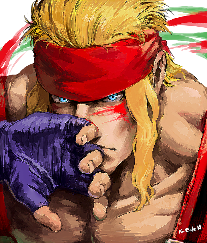 1boy alex_(street_fighter) blonde_hair blood blood_on_face blue_eyes collarbone e.de.n fingerless_gloves gloves headband long_hair mullet muscle portrait shirtless sidelocks solo street_fighter street_fighter_iii suspenders wiping_face