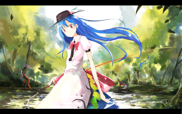 1girl black_hat blouse blue_dress blue_hair bow cowboy_shot dress food forest fruit hat hinanawi_tenshi holding holding_weapon long_hair looking_at_viewer nature peach puffy_short_sleeves puffy_sleeves rainbow_order red_bow red_eyes short_sleeves smile solo standing sword_of_hisou tetsurou_(fe+) touhou weapon white_blouse wing_collar