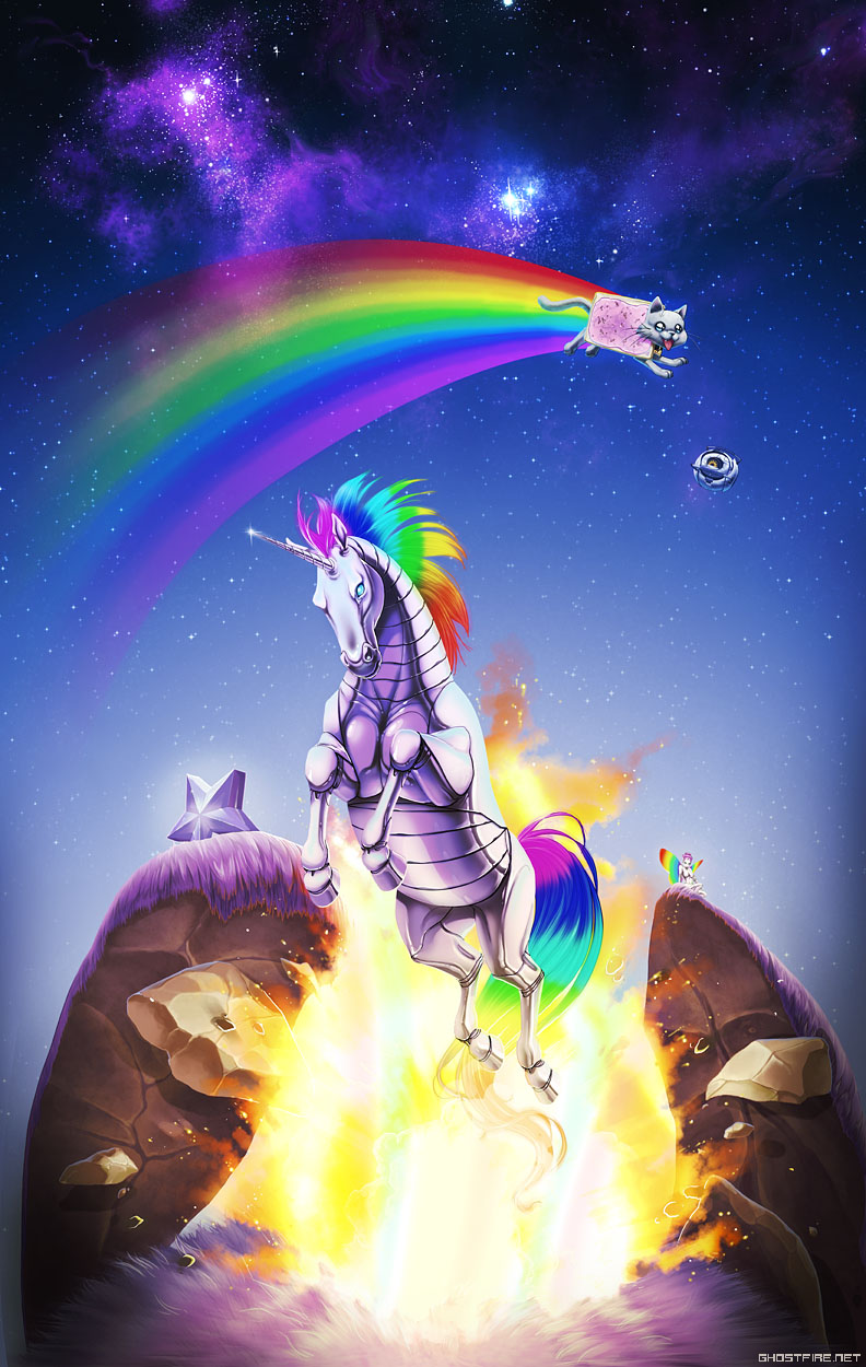 cat commentary_request crossover explosion fairy highres julia_lichty no_humans nyan_cat orange_eyes portal portal_2 rainbow rainbow_hair rainbow_wings robot robot_unicorn_attack space space_core unicorn watermark web_address