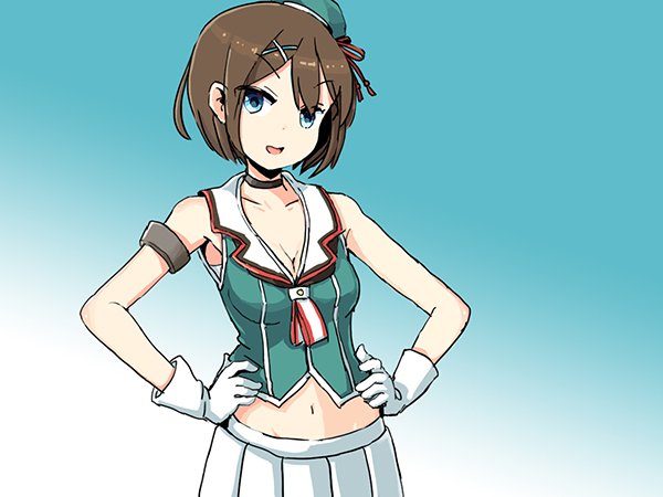 1girl adrian_ferrer aqua_eyes armlet beret breasts brown_hair cleavage commentary eyes_visible_through_hair gloves groin hair_ornament hairclip hat kantai_collection maya_(kantai_collection) medium_breasts midriff navel pleated_skirt skirt sleeveless solo upper_body white_gloves x_hair_ornament